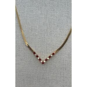 Vintage Dainty Avon Gold Tone V Necklace With Garnet & Clear Rhinestones Signed
